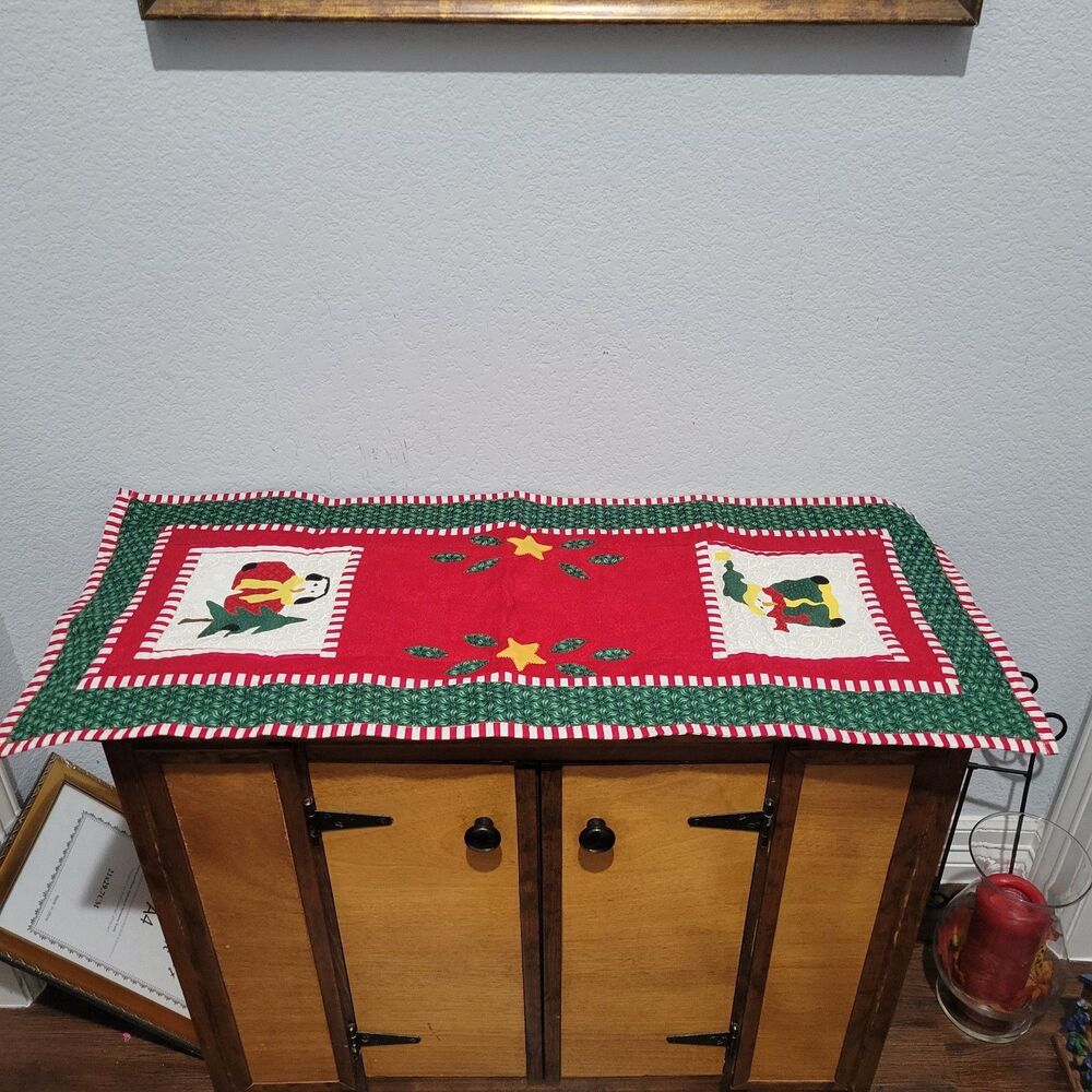 Vintage 35 X 14 Handmade Red Green Christmas Patchwork Quilted Table Runner Snow